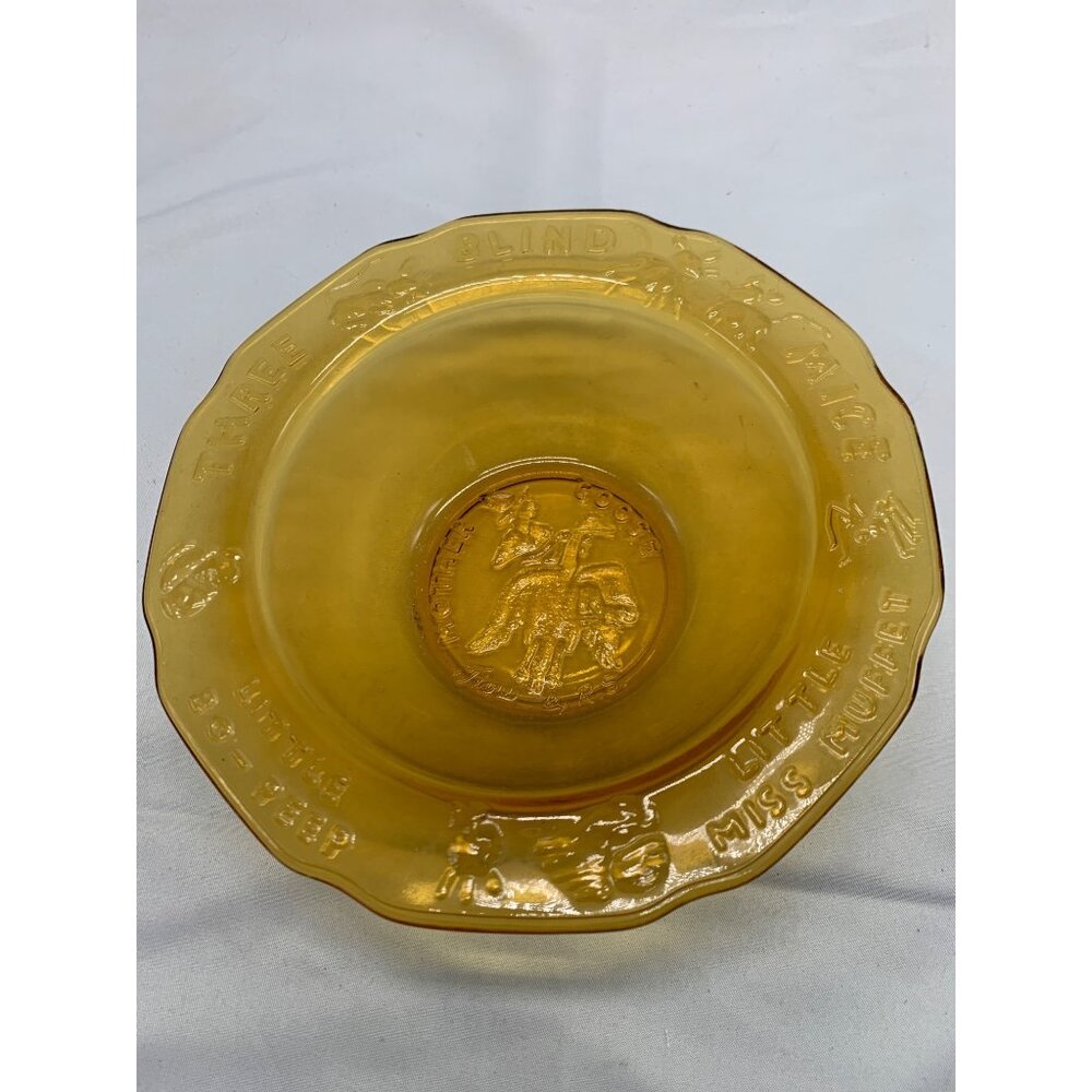 Vintage Mother Goose Amber Glass Bowl With Nursery Rhyme Designs 6 Inches